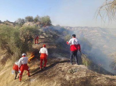 مشارکت تیم های امدادی هلال احمر در مهار آتش سوزی مراتع کهگیلویه و بویراحمد